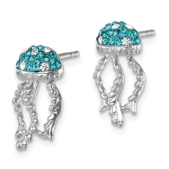 Sterling Silver Rhodium-plated Polished Blue and White Crystal Jellyfish Post Earrings
