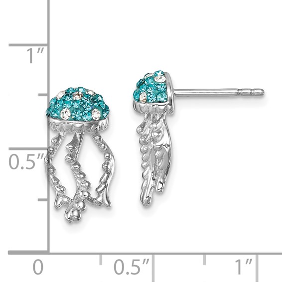 Sterling Silver Rhodium-plated Polished Blue and White Crystal Jellyfish Post Earrings