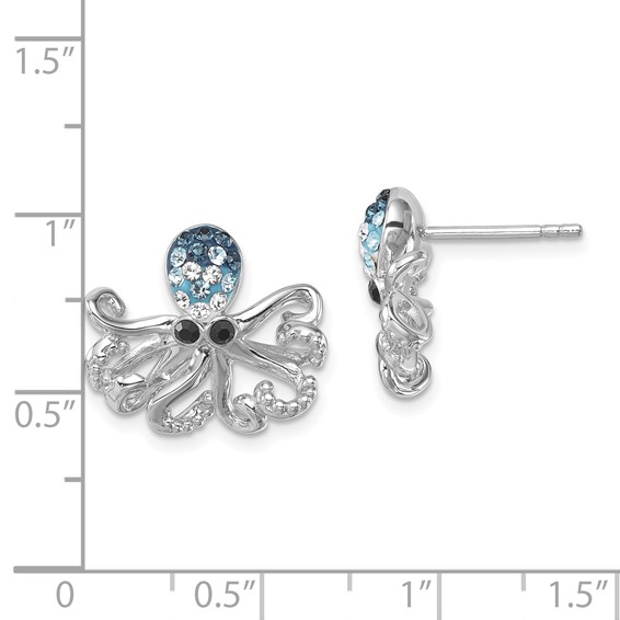 Sterling Silver Rhodium-plated Polished Blue and White Crystal Octopus Post Earrings