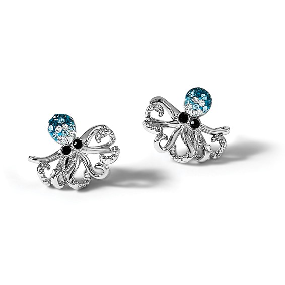 Sterling Silver Rhodium-plated Polished Blue and White Crystal Octopus Post Earrings