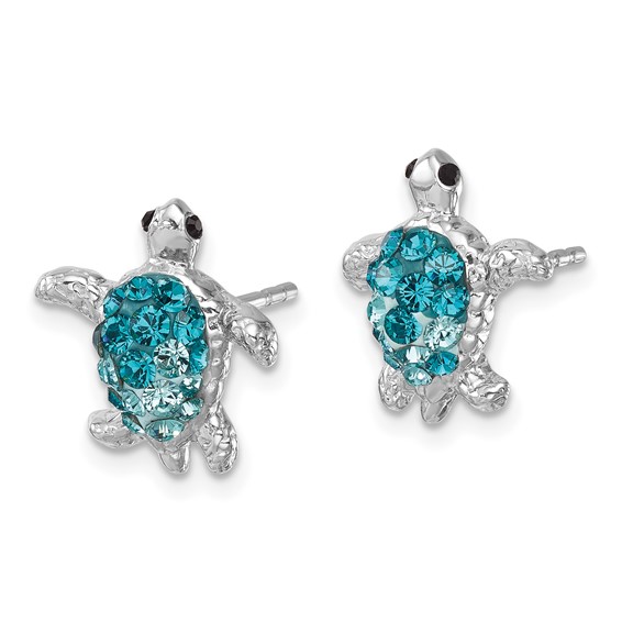 Sterling Silver Rhodium-plated Polished Blue Crystal Turtle Post Earrings
