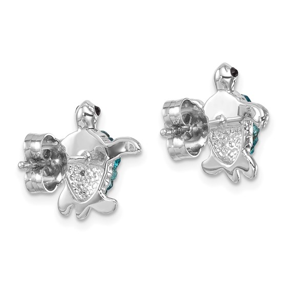 Sterling Silver Rhodium-plated Polished Blue Crystal Turtle Post Earrings