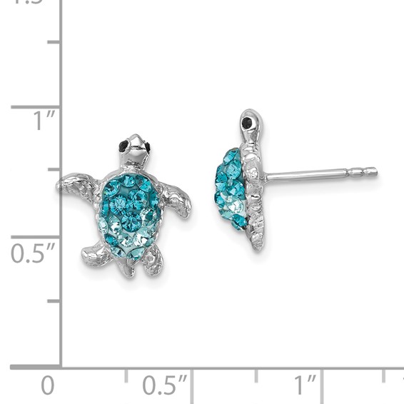 Sterling Silver Rhodium-plated Polished Blue Crystal Turtle Post Earrings