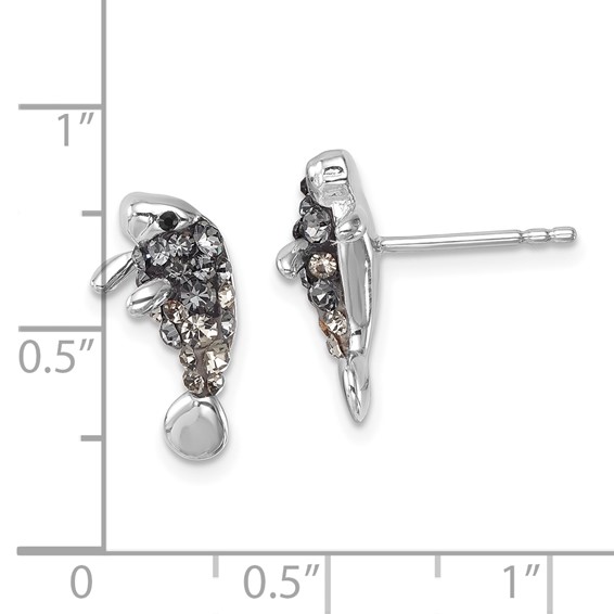 Sterling Silver Rhodium-plated Polished Grey Crystal Manatee Post Earrings