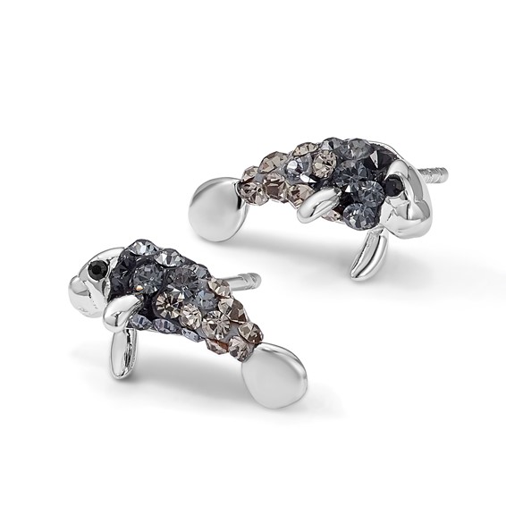 Sterling Silver Rhodium-plated Polished Grey Crystal Manatee Post Earrings