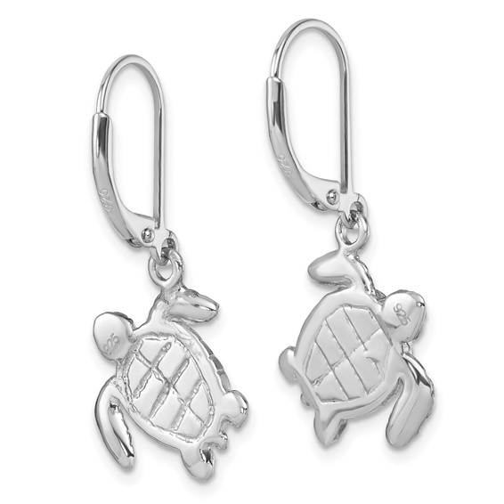 Sterling Silver Rhodium-plated Polished Blue Crystal Turtle Dangle Leverback Earrings
