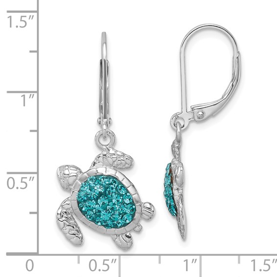 Sterling Silver Rhodium-plated Polished Blue Crystal Turtle Dangle Leverback Earrings