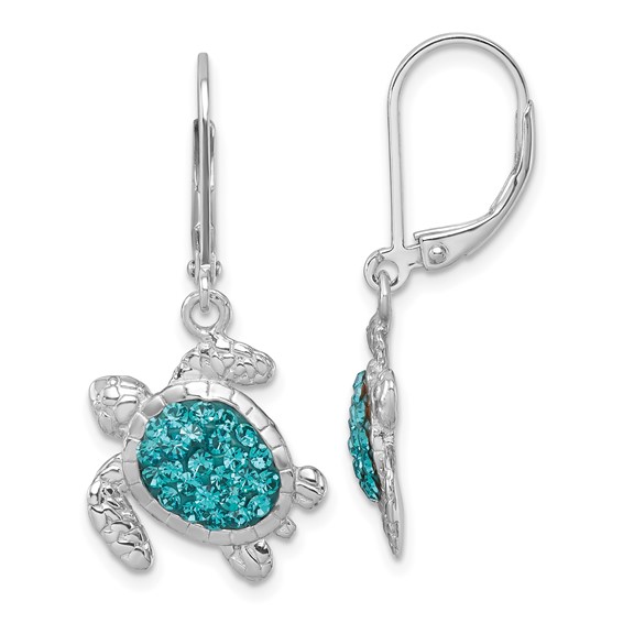 Sterling Silver Rhodium-plated Polished Blue Crystal Turtle Dangle Leverback Earrings
