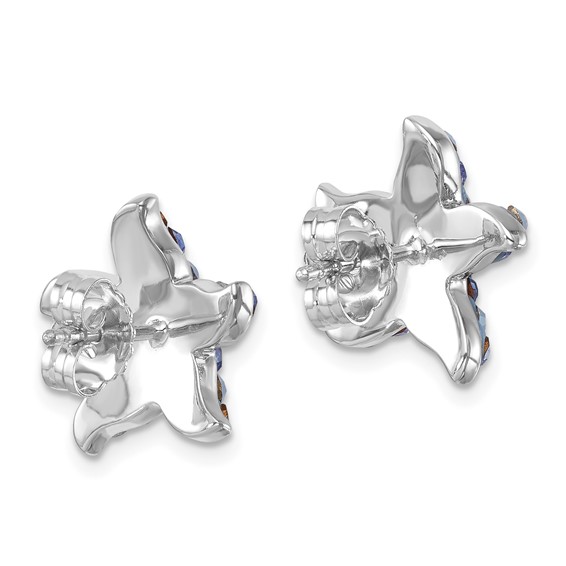 Sterling Silver Rhodium-plated Polished Blue Crystal Starfish Post Earrings