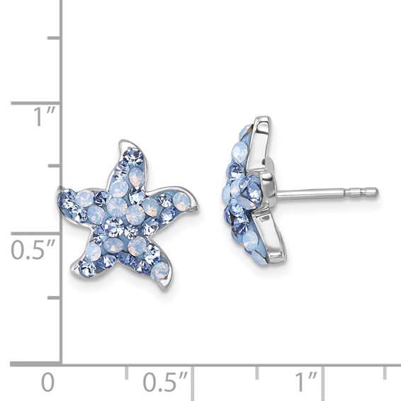 Sterling Silver Rhodium-plated Polished Blue Crystal Starfish Post Earrings