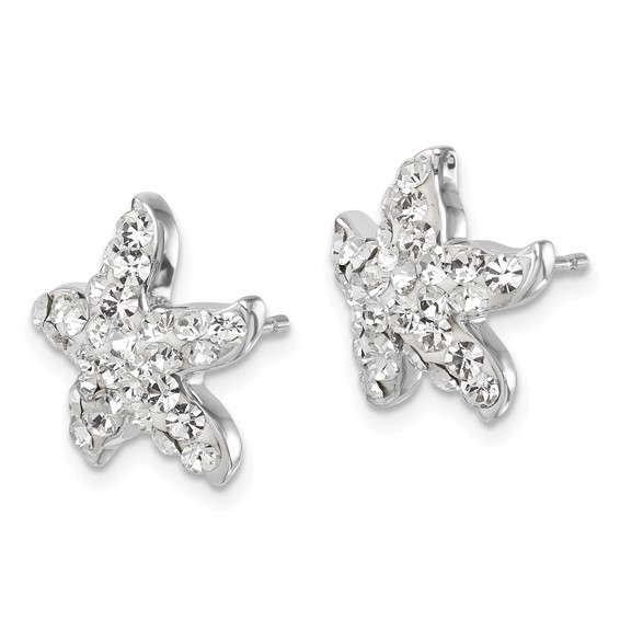 Sterling Silver Rhodium-plated Polished White Crystal Starfish Post Earrings
