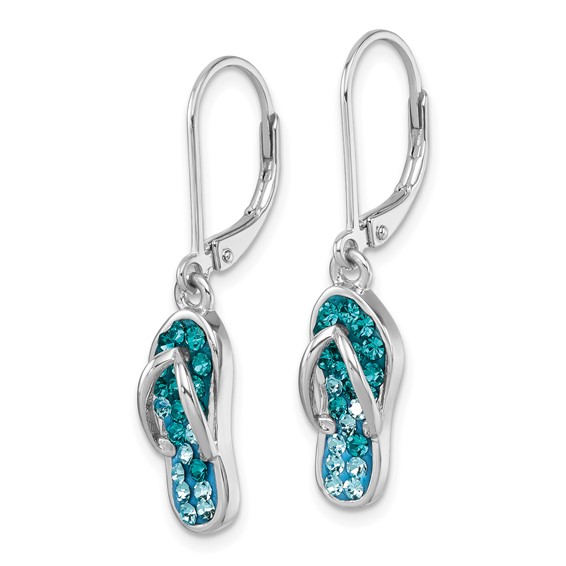 Sterling Silver Rhodium-plated Polished Blue and White Crystal Flip Flop Dangle Leverback Earrings