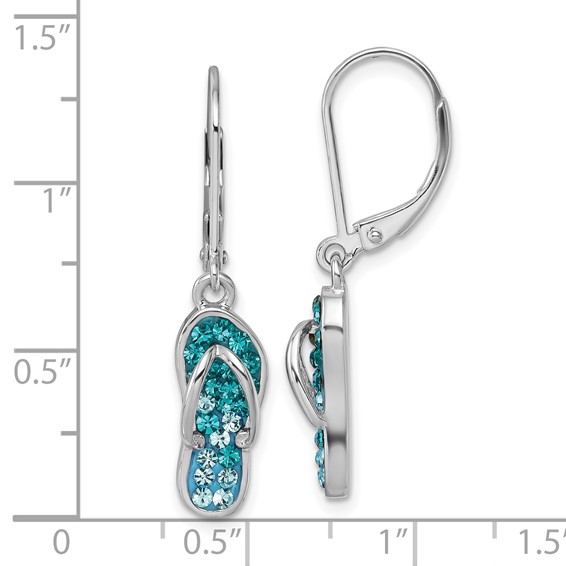 Sterling Silver Rhodium-plated Polished Blue and White Crystal Flip Flop Dangle Leverback Earrings