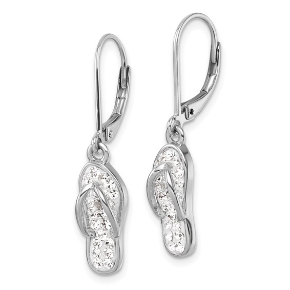 Sterling Silver Rhodium-plated Polished White Crystal Flip Flop Dangle Leverback Earrings