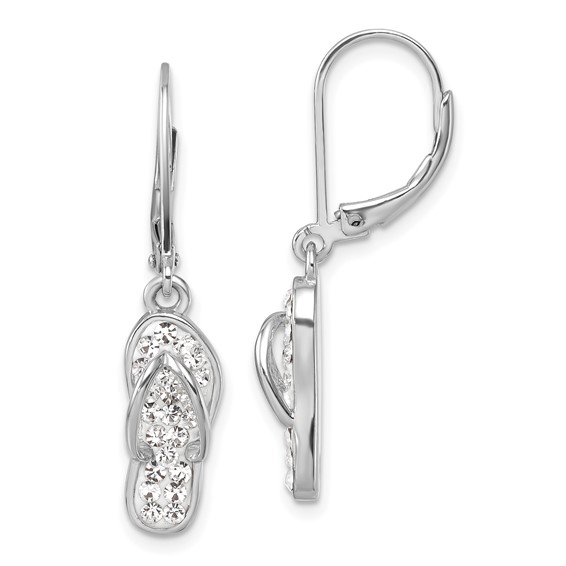 Sterling Silver Rhodium-plated Polished White Crystal Flip Flop Dangle Leverback Earrings
