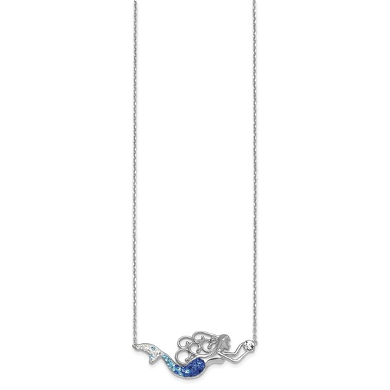 Sterling Silver Rhodium-Plated Polished Blue and White Crystal Mermaid 18.5 inch with a 1 inch extention Necklace