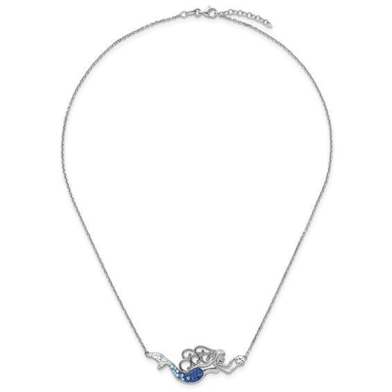 Sterling Silver Rhodium-Plated Polished Blue and White Crystal Mermaid 18.5 inch with a 1 inch extention Necklace