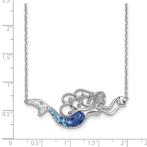 Sterling Silver Rhodium-Plated Polished Blue and White Crystal Mermaid 18.5 inch with a 1 inch extention Necklace