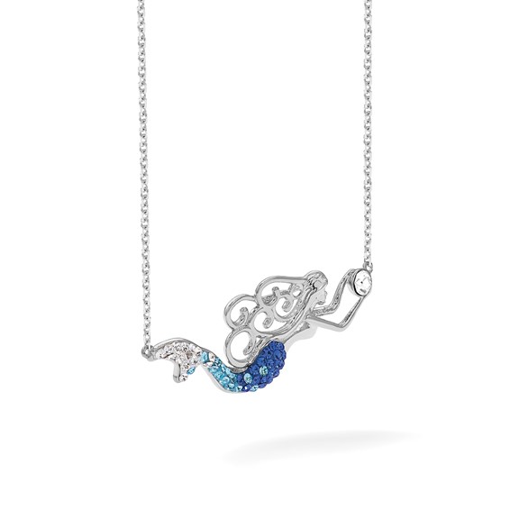 Sterling Silver Rhodium-Plated Polished Blue and White Crystal Mermaid 18.5 inch with a 1 inch extention Necklace