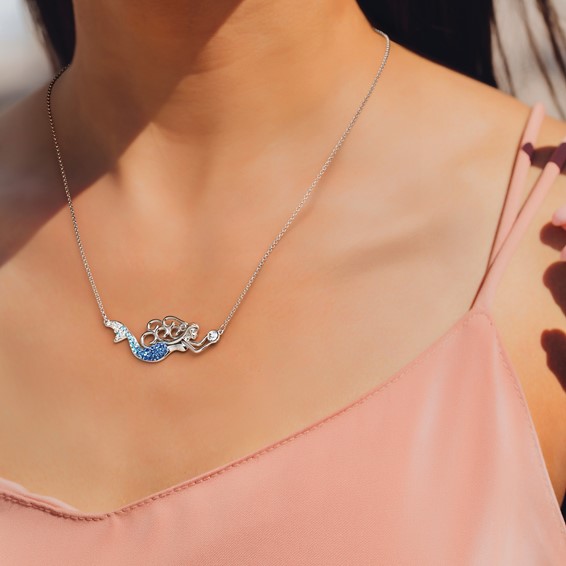 Sterling Silver Rhodium-Plated Polished Blue and White Crystal Mermaid 18.5 inch with a 1 inch extention Necklace