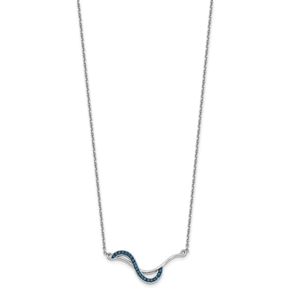 Sterling Silver Rhodium-Plated Polished Blue Crystal Fashion Wave 16.5 inch with a 1 inch extention Necklace