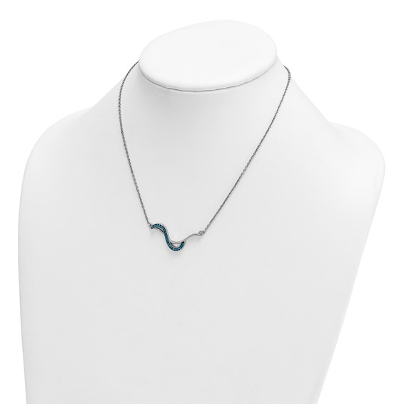 Sterling Silver Rhodium-Plated Polished Blue Crystal Fashion Wave 16.5 inch with a 1 inch extention Necklace