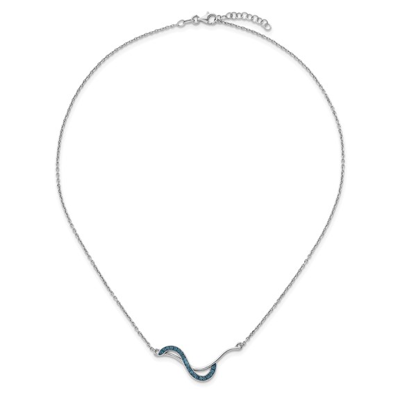 Sterling Silver Rhodium-Plated Polished Blue Crystal Fashion Wave 16.5 inch with a 1 inch extention Necklace