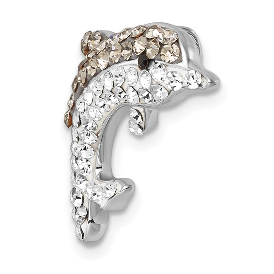 Sterling Silver Rhodium-Plated Polished Gray and White Crystal Dolphin Chain Slide