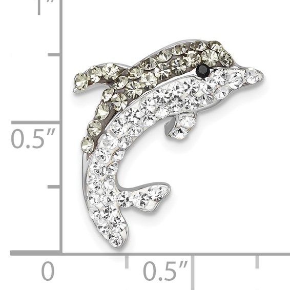 Sterling Silver Rhodium-Plated Polished Gray and White Crystal Dolphin Chain Slide