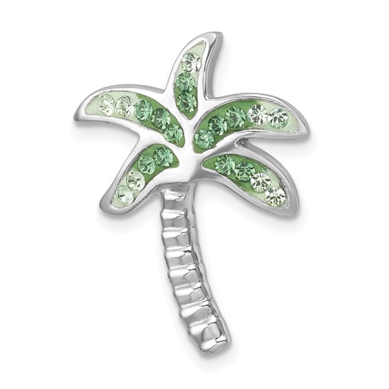 Sterling Silver Rhodium-Plated Polished Green Crystal Palm Tree Chain Slide