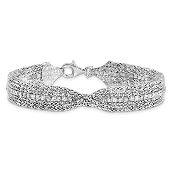 Sterling Silver Rhodium-plated Multirow Chain & Crystal Bracelet
