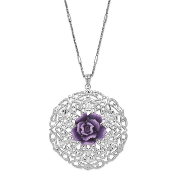 Sterling Silver Rhodium-plated Polished & Textured Purple Resin Rose Circle Necklace