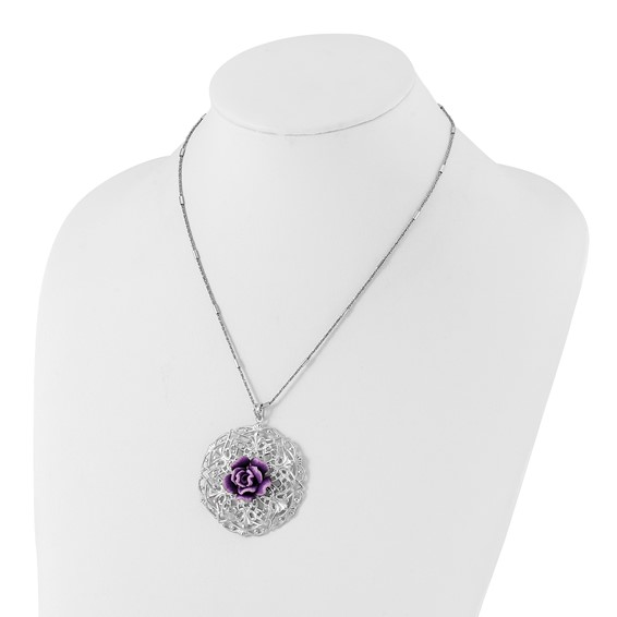 Sterling Silver Rhodium-plated Polished & Textured Purple Resin Rose Circle Necklace