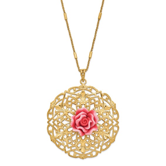 Sterling Silver Gold-tone Polished & Textured Resin Rose Circle Necklace