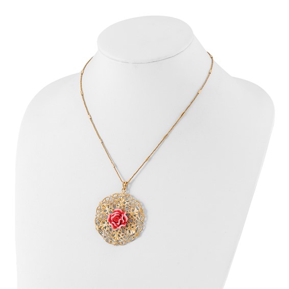 Sterling Silver Gold-tone Polished & Textured Resin Rose Circle Necklace