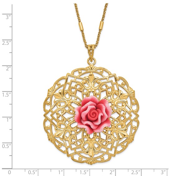 Sterling Silver Gold-tone Polished & Textured Resin Rose Circle Necklace