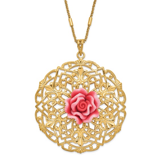 Sterling Silver Gold-tone Polished & Textured Resin Rose Circle Necklace