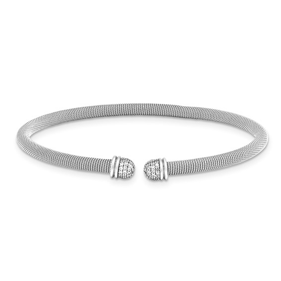 Sterling Silver Rhodium 8 plated Cuff Bypass CZ Bangle