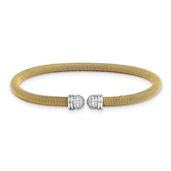 Sterling Silver YG 6.75 plated Cuff Bypass CZ Bangle