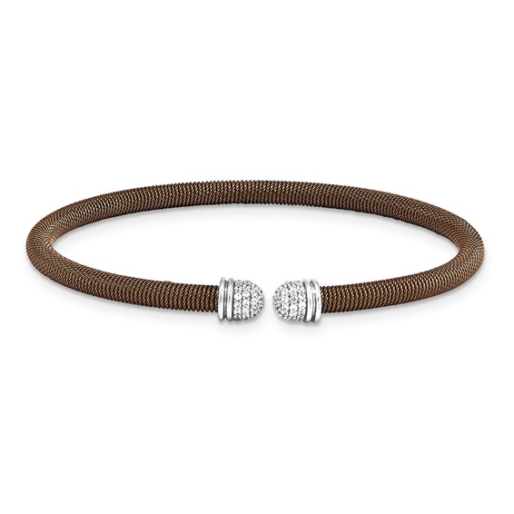Sterling Silver chocolate 8 plated Cuff Bypass CZ Bangle