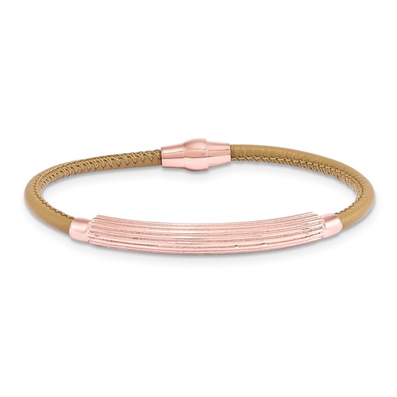 Sterling Silver Tan Leather & RG Plate Large Bracelet