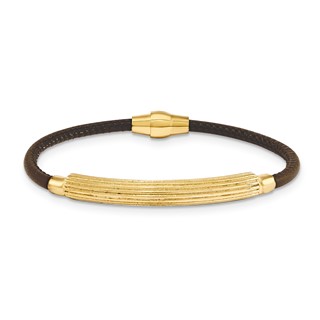 Sterling Silver Brown Leather & YG Plate Small Bracelet