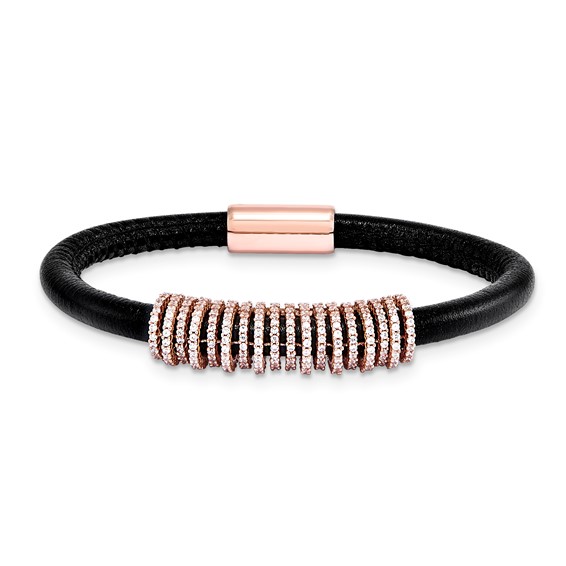 Sterling Silver 5mm Black Leather CZ Station RG Plate Small Bracel