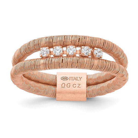 Sterling Silver Rose Gold-plated CZ Wire Wrapped 2 Row Size 7 Ring