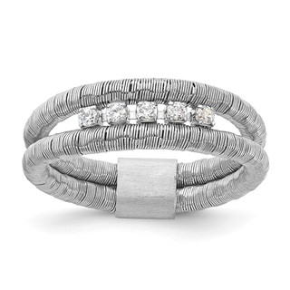Sterling Silver Rhodium-plated CZ Wire Wrapped 2 Row Size 7 Ring