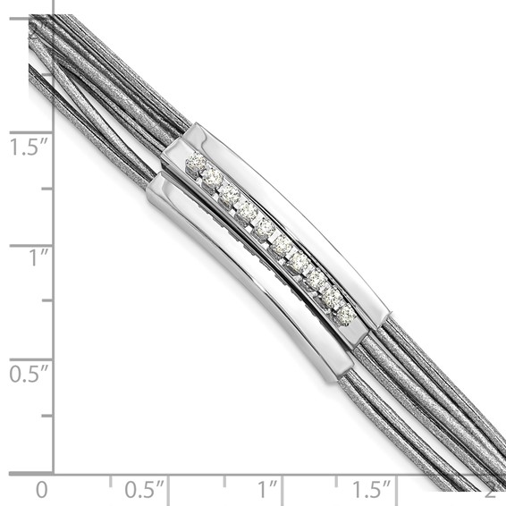 Sterling Silver Rhodium-plated CZ 6-Strand Silver Leather Bracelet