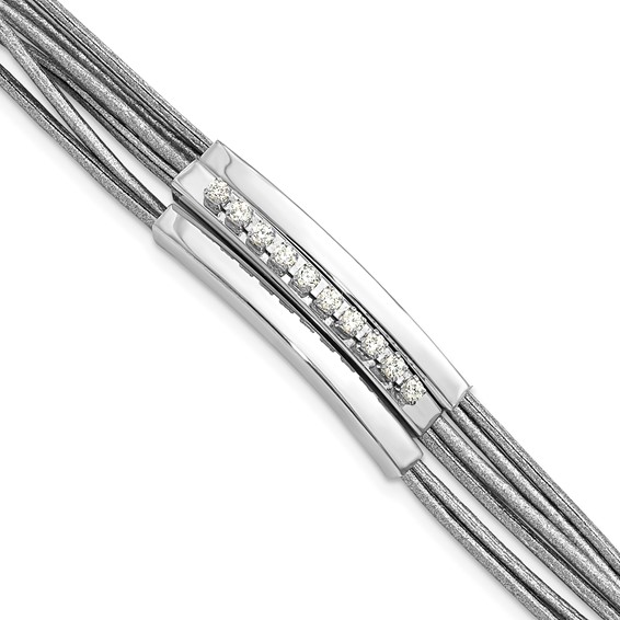 Sterling Silver Rhodium-plated CZ 6-Strand Silver Leather Bracelet