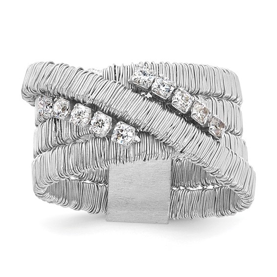 Sterling Silver Rhodium-plated CZ 4 Row Wire Wrapped Size 8 Ring