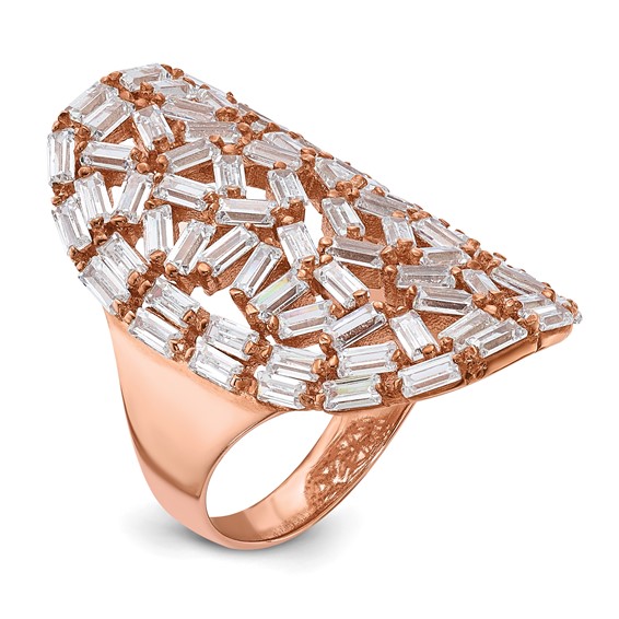 Sterling Silver Rose Gold-plated Oval Baguette Crystal Size 7 Ring