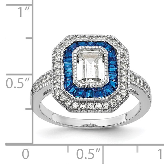 Sterling Silver Diamonique and Simulated Sapphire Deco Ring-6